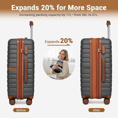 Expandable Carry On Luggage 22x14x9 Airline Approved with Spinner Wheels, 20 Inch Impact-Resistant PC+ABS Hardshell Rolling Suitcase Travel Luggage with Lock, White/Brown