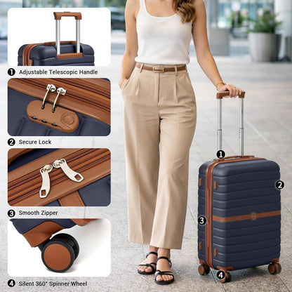 Expandable Carry On Luggage 22x14x9 Airline Approved with Spinner Wheels, 20 Inch Impact-Resistant PC+ABS Hardshell Rolling Suitcase Travel Luggage with Lock, White/Brown