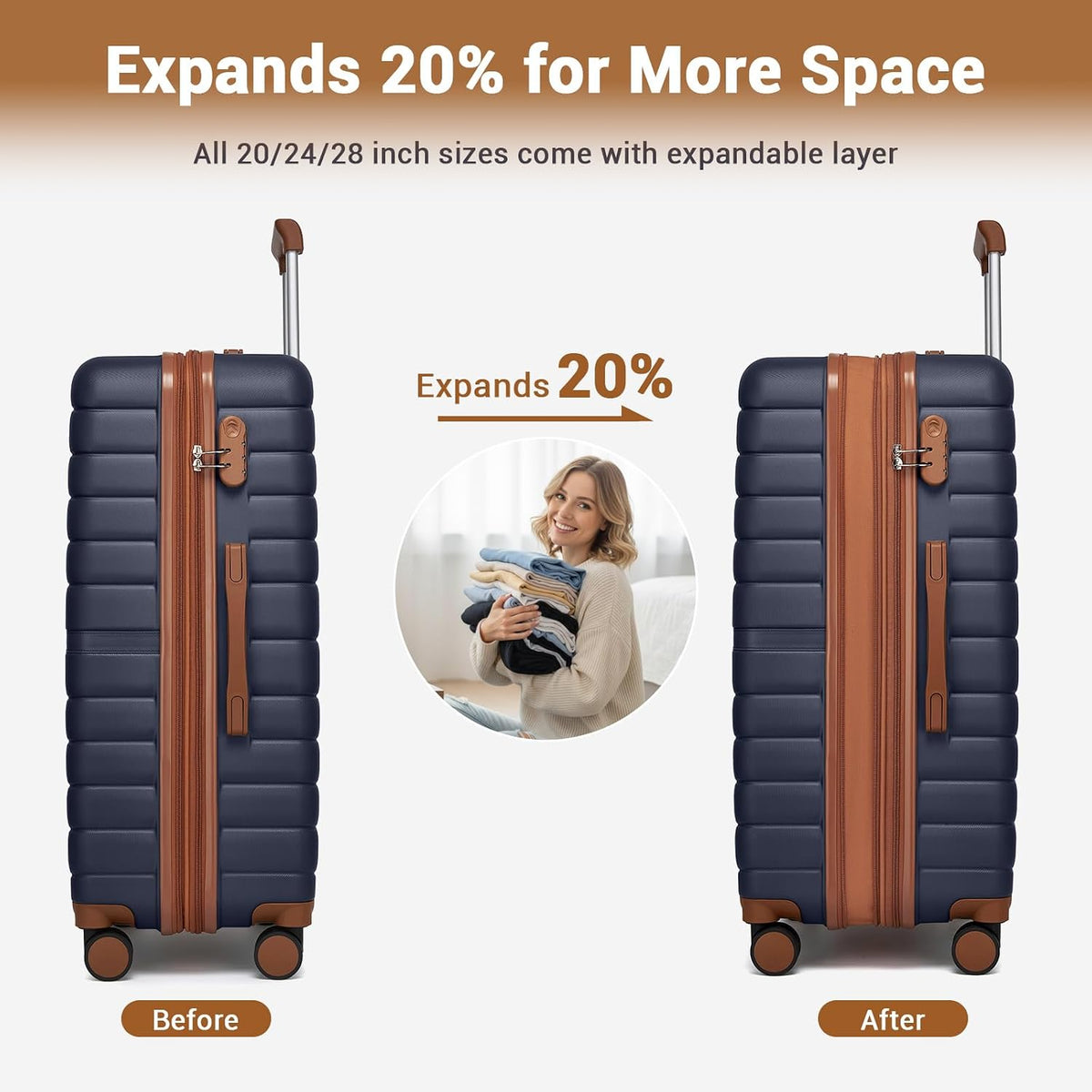 Expandable Carry On Luggage 22x14x9 Airline Approved with Spinner Wheels, 20 Inch Impact-Resistant PC+ABS Hardshell Rolling Suitcase Travel Luggage with Lock, White/Brown