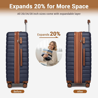 Expandable Carry On Luggage 22x14x9 Airline Approved with Spinner Wheels, 20 Inch Impact-Resistant PC+ABS Hardshell Rolling Suitcase Travel Luggage with Lock, White/Brown