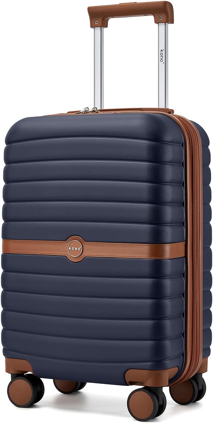 Expandable Carry On Luggage 22x14x9 Airline Approved with Spinner Wheels, 20 Inch Impact-Resistant PC+ABS Hardshell Rolling Suitcase Travel Luggage with Lock, White/Brown