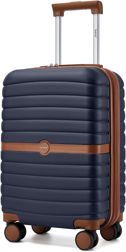 Expandable Carry On Luggage 22x14x9 Airline Approved with Spinner Wheels, 20 Inch Impact-Resistant PC+ABS Hardshell Rolling Suitcase Travel Luggage with Lock, White/Brown