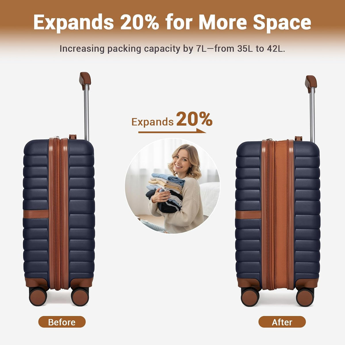 Expandable Carry On Luggage 22x14x9 Airline Approved with Spinner Wheels, 20 Inch Impact-Resistant PC+ABS Hardshell Rolling Suitcase Travel Luggage with Lock, White/Brown