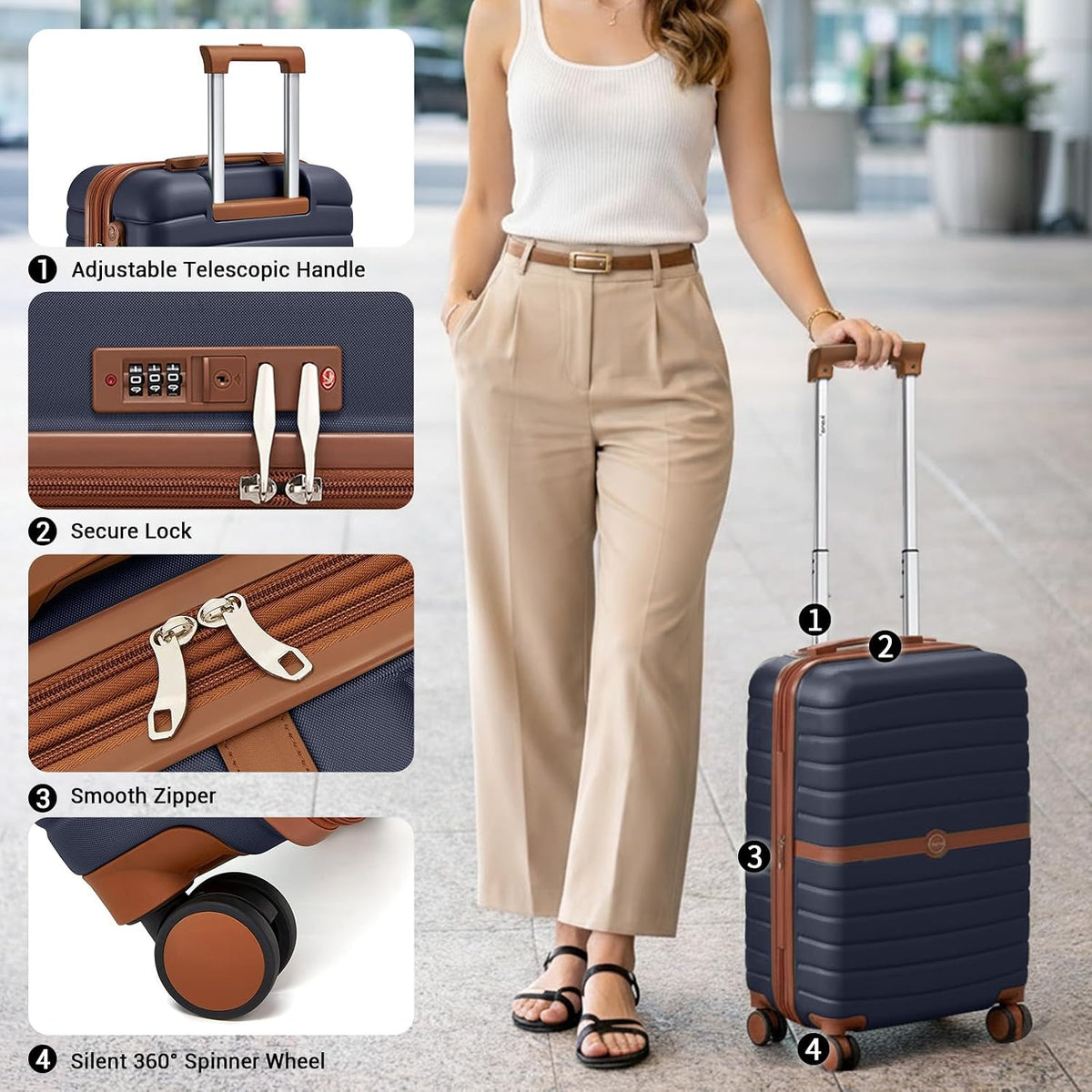 Expandable Carry On Luggage 22x14x9 Airline Approved with Spinner Wheels, 20 Inch Impact-Resistant PC+ABS Hardshell Rolling Suitcase Travel Luggage with Lock, White/Brown