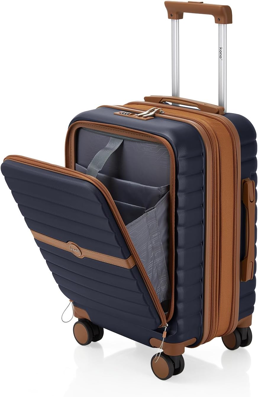 Expandable Carry On Luggage 22x14x9 Airline Approved with Spinner Wheels, 20 Inch Impact-Resistant PC+ABS Hardshell Rolling Suitcase Travel Luggage with Lock, White/Brown