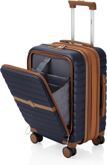 Expandable Carry On Luggage 22x14x9 Airline Approved with Spinner Wheels, 20 Inch Impact-Resistant PC+ABS Hardshell Rolling Suitcase Travel Luggage with Lock, White/Brown