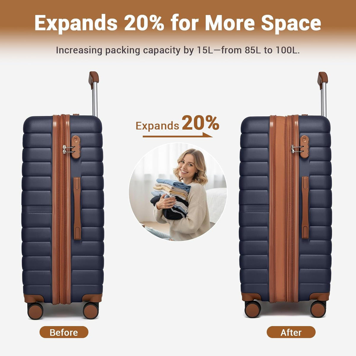 Expandable Carry On Luggage 22x14x9 Airline Approved with Spinner Wheels, 20 Inch Impact-Resistant PC+ABS Hardshell Rolling Suitcase Travel Luggage with Lock, White/Brown
