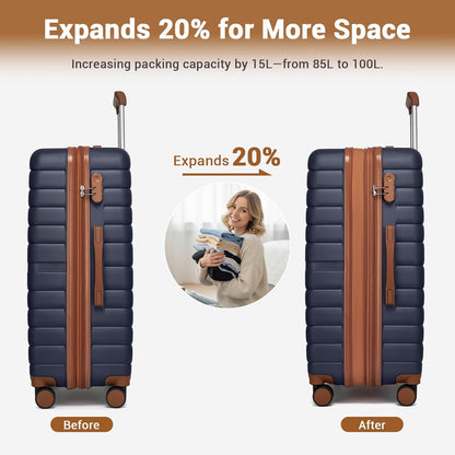 Expandable Carry On Luggage 22x14x9 Airline Approved with Spinner Wheels, 20 Inch Impact-Resistant PC+ABS Hardshell Rolling Suitcase Travel Luggage with Lock, White/Brown