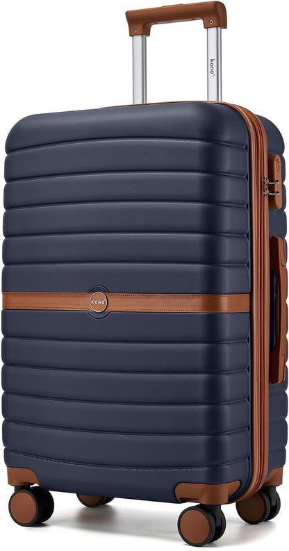 Expandable Carry On Luggage 22x14x9 Airline Approved with Spinner Wheels, 20 Inch Impact-Resistant PC+ABS Hardshell Rolling Suitcase Travel Luggage with Lock, White/Brown