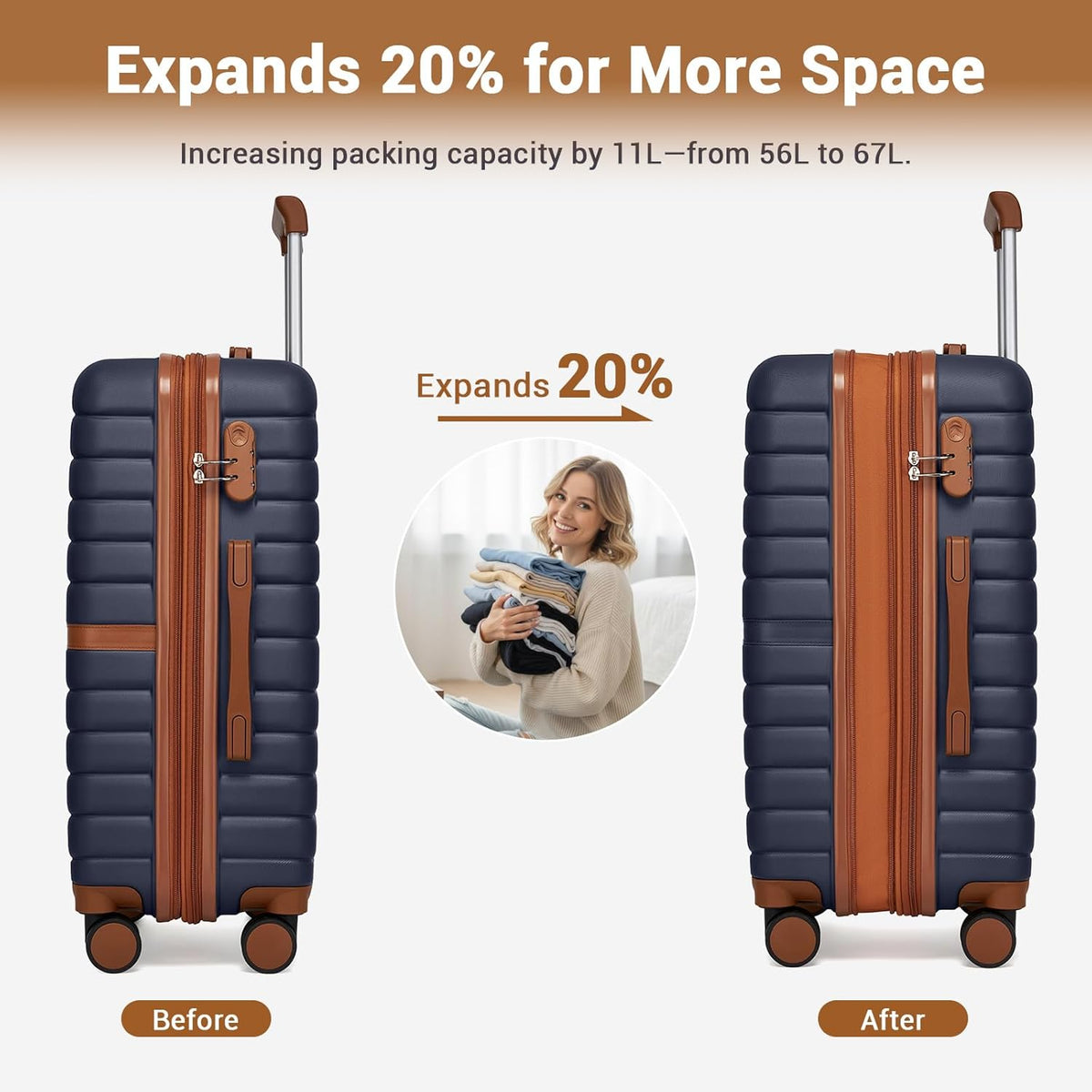 Expandable Carry On Luggage 22x14x9 Airline Approved with Spinner Wheels, 20 Inch Impact-Resistant PC+ABS Hardshell Rolling Suitcase Travel Luggage with Lock, White/Brown