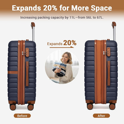 Expandable Carry On Luggage 22x14x9 Airline Approved with Spinner Wheels, 20 Inch Impact-Resistant PC+ABS Hardshell Rolling Suitcase Travel Luggage with Lock, White/Brown