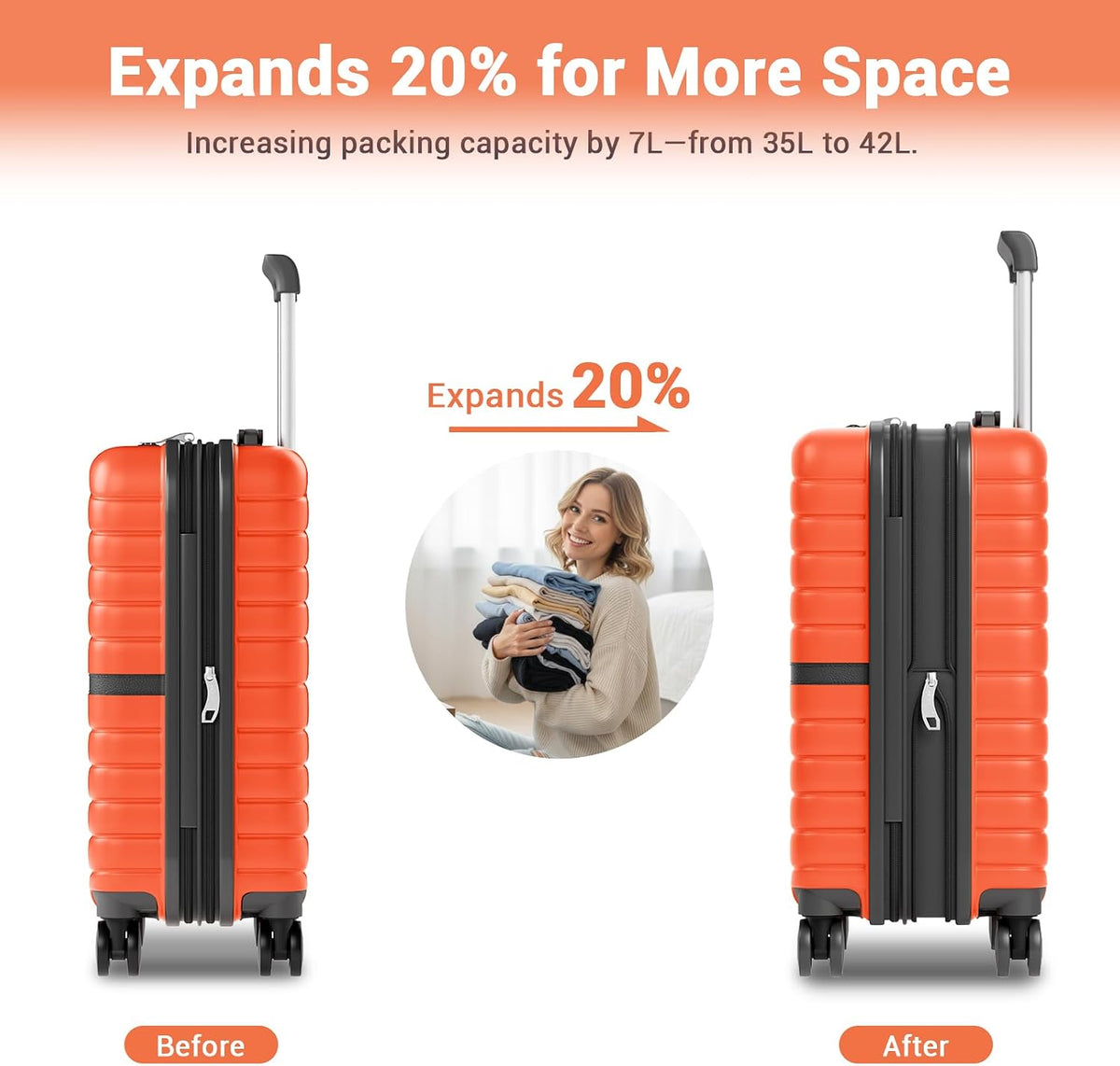 Expandable Carry On Luggage 22x14x9 Airline Approved with Spinner Wheels, 20 Inch Impact-Resistant PC+ABS Hardshell Rolling Suitcase Travel Luggage with Lock, White/Brown