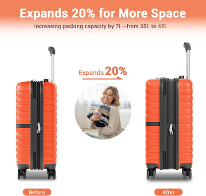 Expandable Carry On Luggage 22x14x9 Airline Approved with Spinner Wheels, 20 Inch Impact-Resistant PC+ABS Hardshell Rolling Suitcase Travel Luggage with Lock, White/Brown
