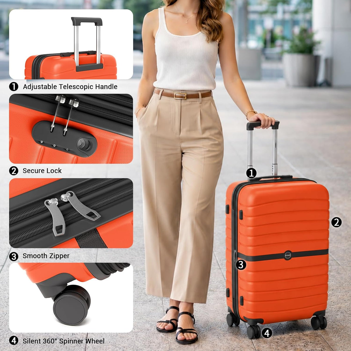 Expandable Carry On Luggage 22x14x9 Airline Approved with Spinner Wheels, 20 Inch Impact-Resistant PC+ABS Hardshell Rolling Suitcase Travel Luggage with Lock, White/Brown
