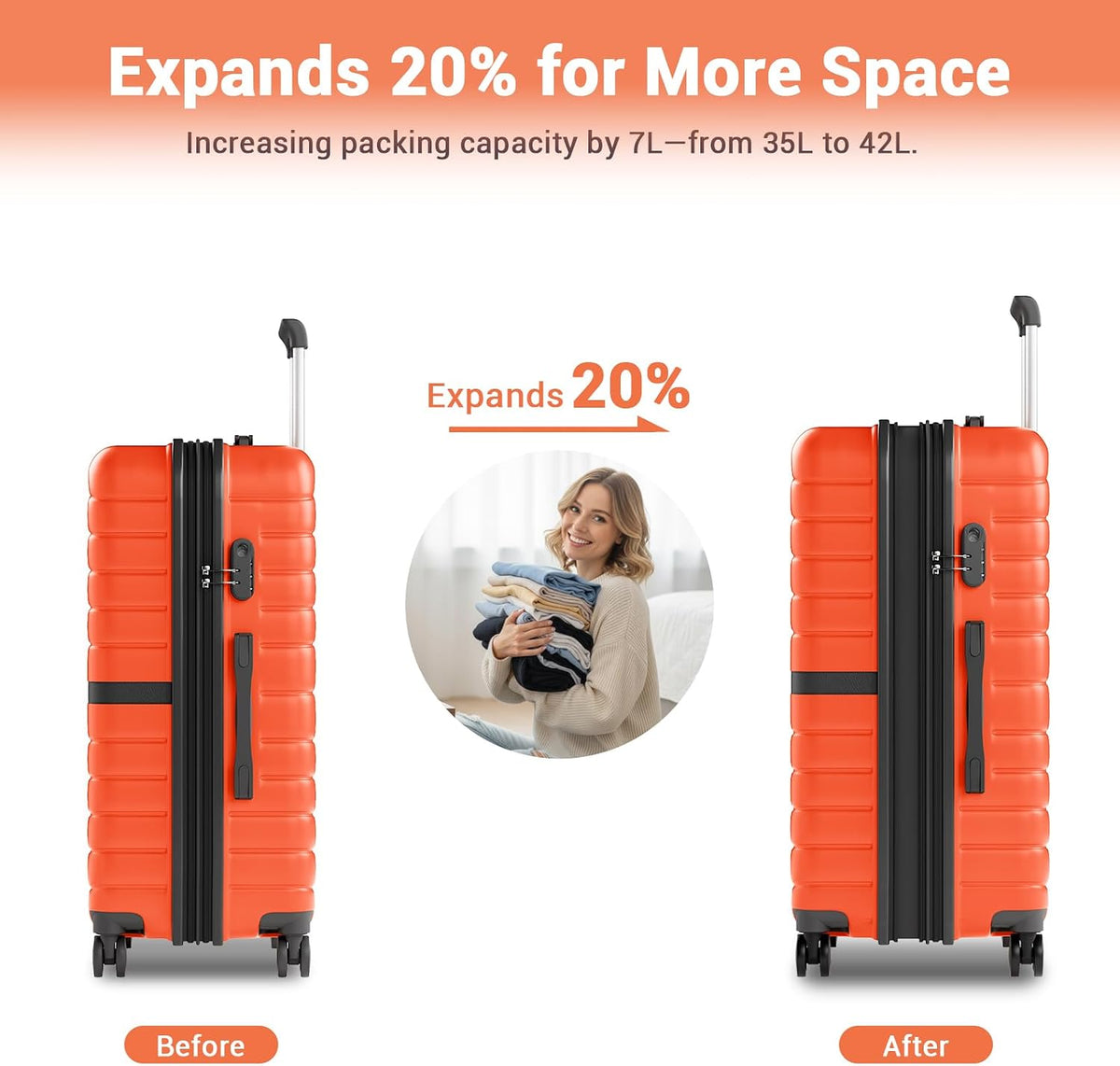 Expandable Carry On Luggage 22x14x9 Airline Approved with Spinner Wheels, 20 Inch Impact-Resistant PC+ABS Hardshell Rolling Suitcase Travel Luggage with Lock, White/Brown