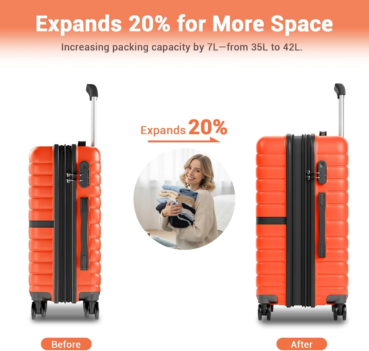 Expandable Carry On Luggage 22x14x9 Airline Approved with Spinner Wheels, 20 Inch Impact-Resistant PC+ABS Hardshell Rolling Suitcase Travel Luggage with Lock, White/Brown