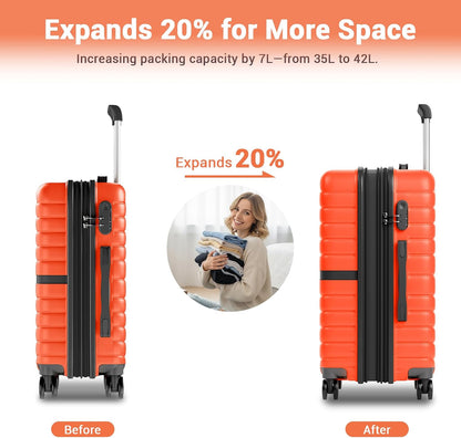 Expandable Carry On Luggage 22x14x9 Airline Approved with Spinner Wheels, 20 Inch Impact-Resistant PC+ABS Hardshell Rolling Suitcase Travel Luggage with Lock, White/Brown