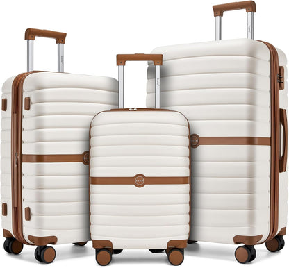 Expandable Carry On Luggage 22x14x9 Airline Approved with Spinner Wheels, 20 Inch Impact-Resistant PC+ABS Hardshell Rolling Suitcase Travel Luggage with Lock, White/Brown