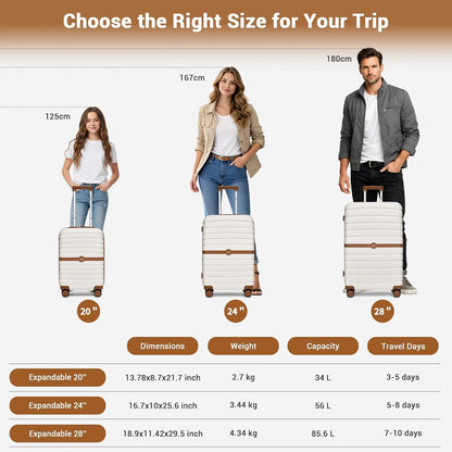 Expandable Carry On Luggage 22x14x9 Airline Approved with Spinner Wheels, 20 Inch Impact-Resistant PC+ABS Hardshell Rolling Suitcase Travel Luggage with Lock, White/Brown