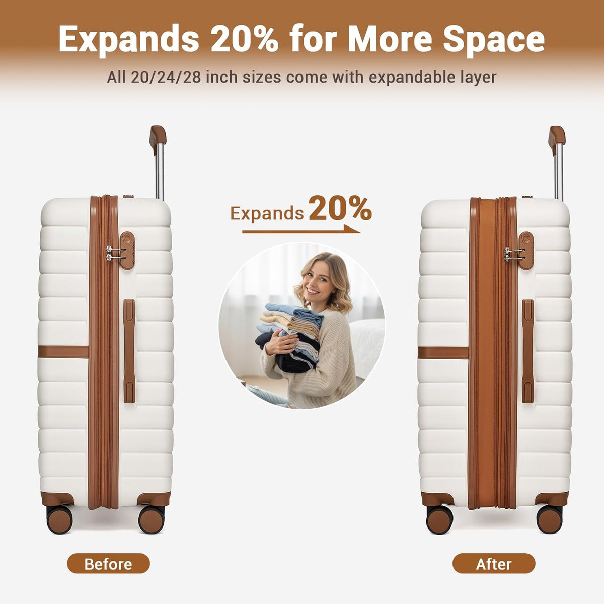 Expandable Carry On Luggage 22x14x9 Airline Approved with Spinner Wheels, 20 Inch Impact-Resistant PC+ABS Hardshell Rolling Suitcase Travel Luggage with Lock, White/Brown