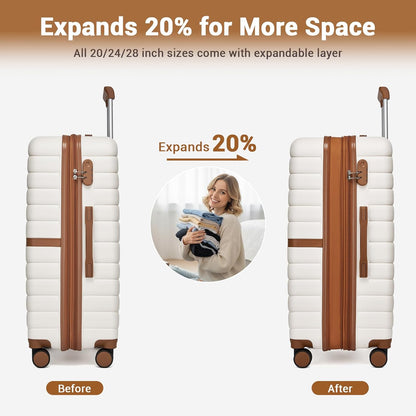 Expandable Carry On Luggage 22x14x9 Airline Approved with Spinner Wheels, 20 Inch Impact-Resistant PC+ABS Hardshell Rolling Suitcase Travel Luggage with Lock, White/Brown