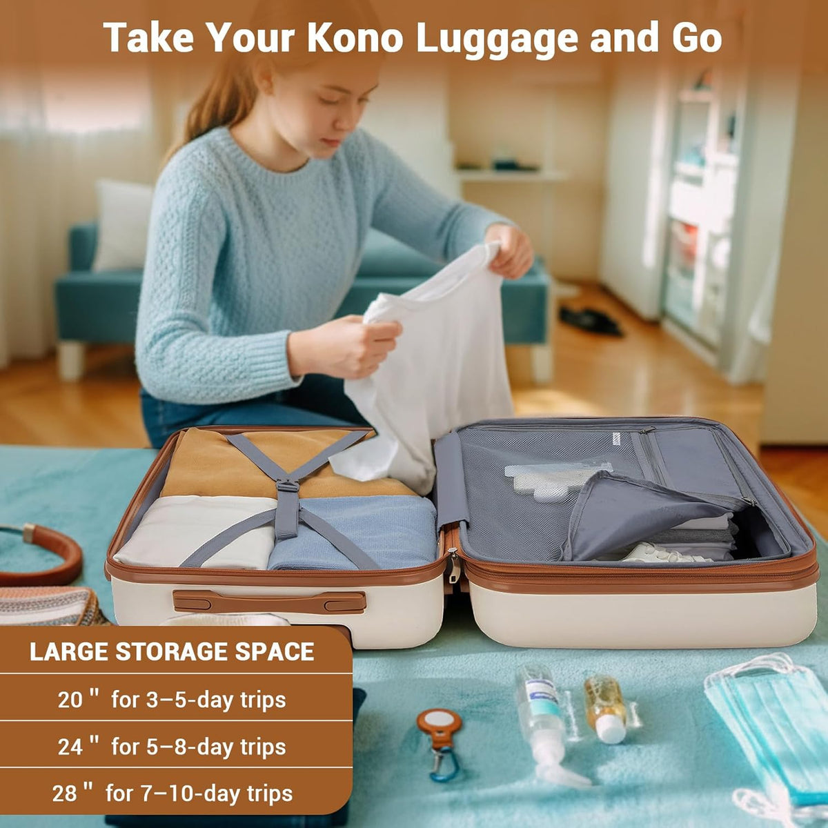 Expandable Carry On Luggage 22x14x9 Airline Approved with Spinner Wheels, 20 Inch Impact-Resistant PC+ABS Hardshell Rolling Suitcase Travel Luggage with Lock, White/Brown