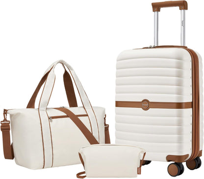 Expandable Carry On Luggage 22x14x9 Airline Approved with Spinner Wheels, 20 Inch Impact-Resistant PC+ABS Hardshell Rolling Suitcase Travel Luggage with Lock, White/Brown