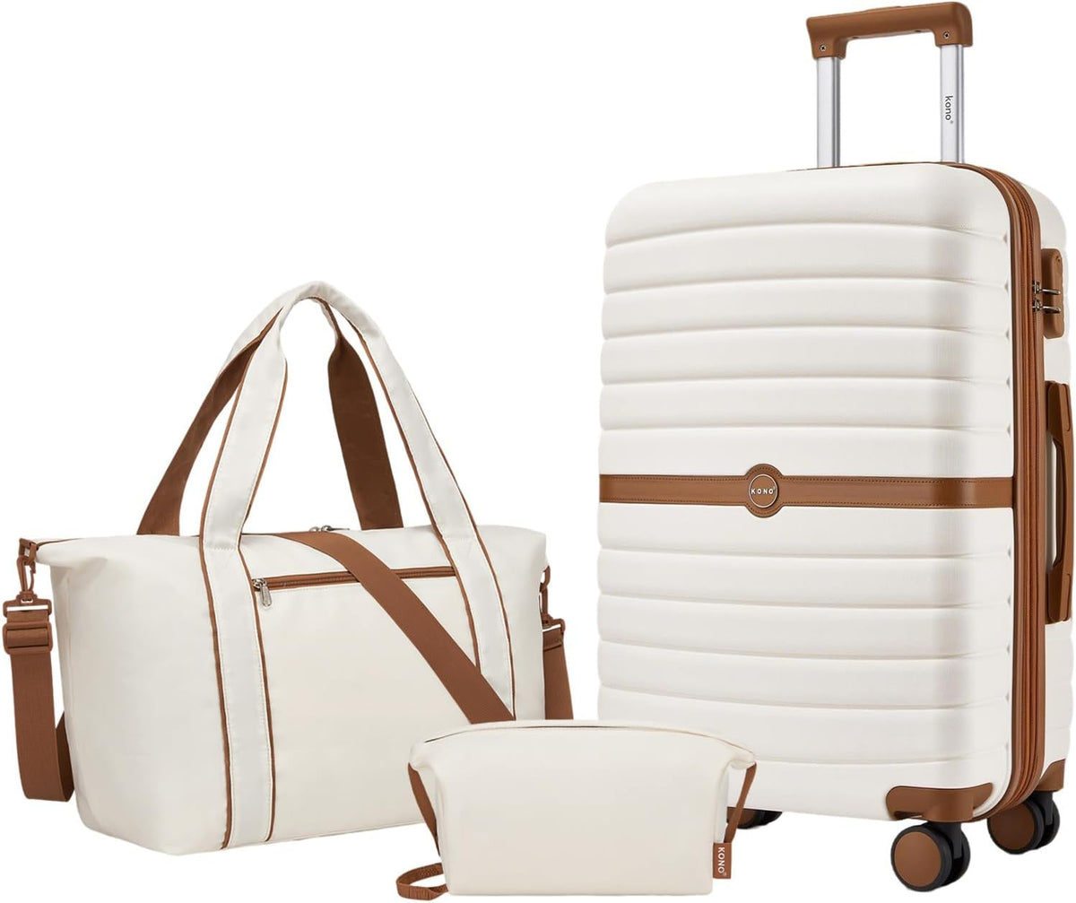 Expandable Carry On Luggage 22x14x9 Airline Approved with Spinner Wheels, 20 Inch Impact-Resistant PC+ABS Hardshell Rolling Suitcase Travel Luggage with Lock, White/Brown