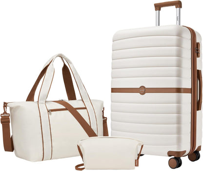 Expandable Carry On Luggage 22x14x9 Airline Approved with Spinner Wheels, 20 Inch Impact-Resistant PC+ABS Hardshell Rolling Suitcase Travel Luggage with Lock, White/Brown