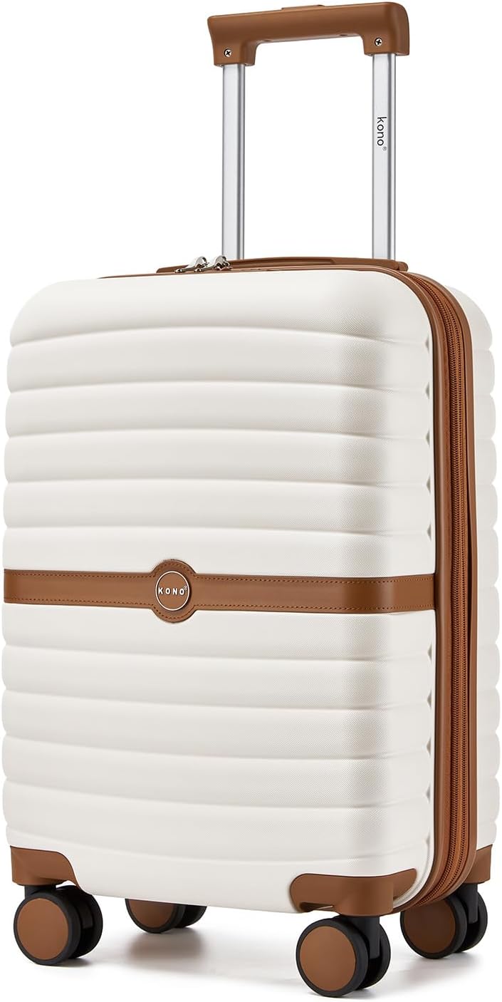 Expandable Carry On Luggage 22x14x9 Airline Approved with Spinner Wheels, 20 Inch Impact-Resistant PC+ABS Hardshell Rolling Suitcase Travel Luggage with Lock, White/Brown