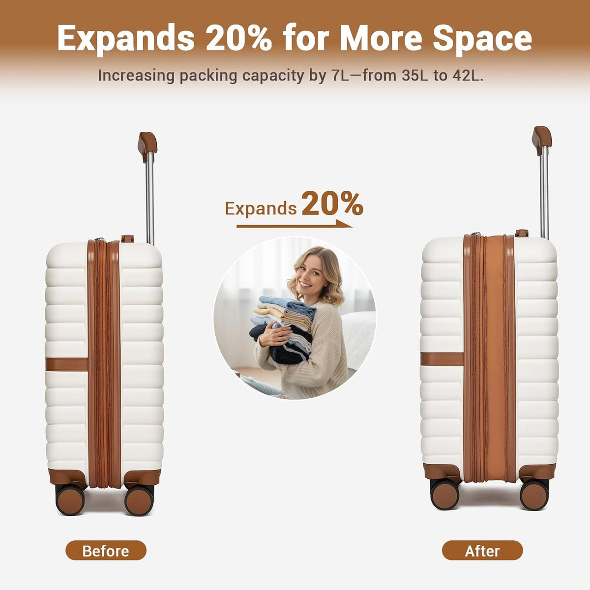 Expandable Carry On Luggage 22x14x9 Airline Approved with Spinner Wheels, 20 Inch Impact-Resistant PC+ABS Hardshell Rolling Suitcase Travel Luggage with Lock, White/Brown