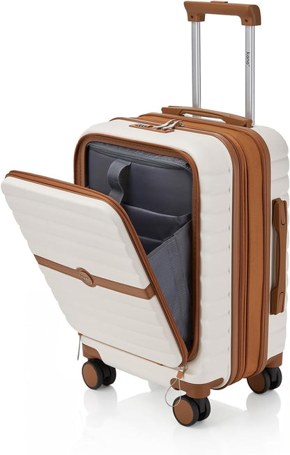 Expandable Carry On Luggage 22x14x9 Airline Approved with Spinner Wheels, 20 Inch Impact-Resistant PC+ABS Hardshell Rolling Suitcase Travel Luggage with Lock, White/Brown