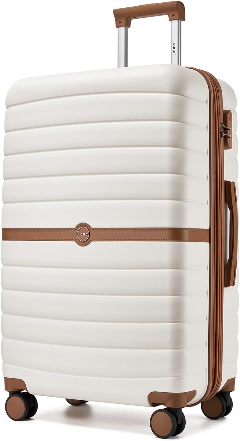 Expandable Carry On Luggage 22x14x9 Airline Approved with Spinner Wheels, 20 Inch Impact-Resistant PC+ABS Hardshell Rolling Suitcase Travel Luggage with Lock, White/Brown