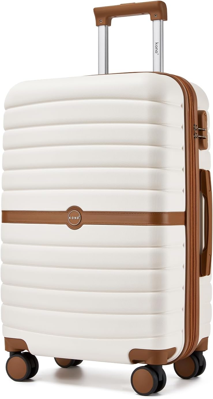 Expandable Carry On Luggage 22x14x9 Airline Approved with Spinner Wheels, 20 Inch Impact-Resistant PC+ABS Hardshell Rolling Suitcase Travel Luggage with Lock, White/Brown