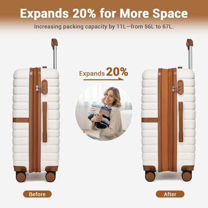 Expandable Carry On Luggage 22x14x9 Airline Approved with Spinner Wheels, 20 Inch Impact-Resistant PC+ABS Hardshell Rolling Suitcase Travel Luggage with Lock, White/Brown