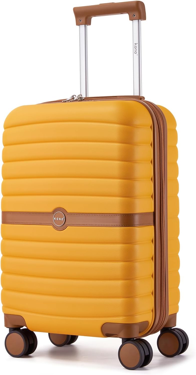 Expandable Carry On Luggage 22x14x9 Airline Approved with Spinner Wheels, 20 Inch Impact-Resistant PC+ABS Hardshell Rolling Suitcase Travel Luggage with Lock, White/Brown