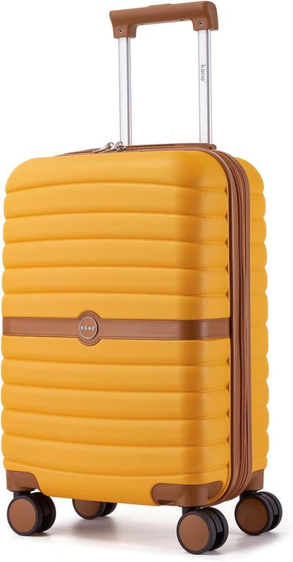Expandable Carry On Luggage 22x14x9 Airline Approved with Spinner Wheels, 20 Inch Impact-Resistant PC+ABS Hardshell Rolling Suitcase Travel Luggage with Lock, White/Brown