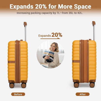 Expandable Carry On Luggage 22x14x9 Airline Approved with Spinner Wheels, 20 Inch Impact-Resistant PC+ABS Hardshell Rolling Suitcase Travel Luggage with Lock, White/Brown