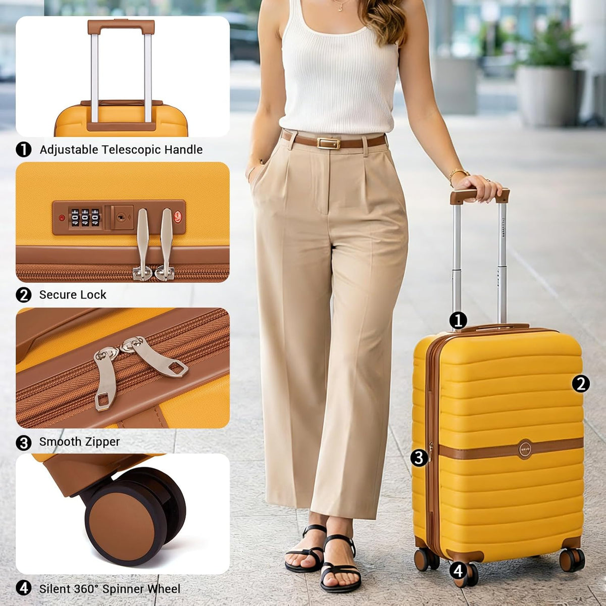 Expandable Carry On Luggage 22x14x9 Airline Approved with Spinner Wheels, 20 Inch Impact-Resistant PC+ABS Hardshell Rolling Suitcase Travel Luggage with Lock, White/Brown