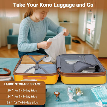 Expandable Carry On Luggage 22x14x9 Airline Approved with Spinner Wheels, 20 Inch Impact-Resistant PC+ABS Hardshell Rolling Suitcase Travel Luggage with Lock, White/Brown