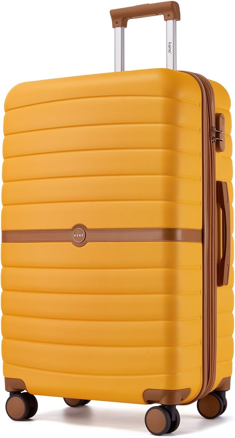 Expandable Carry On Luggage 22x14x9 Airline Approved with Spinner Wheels, 20 Inch Impact-Resistant PC+ABS Hardshell Rolling Suitcase Travel Luggage with Lock, White/Brown