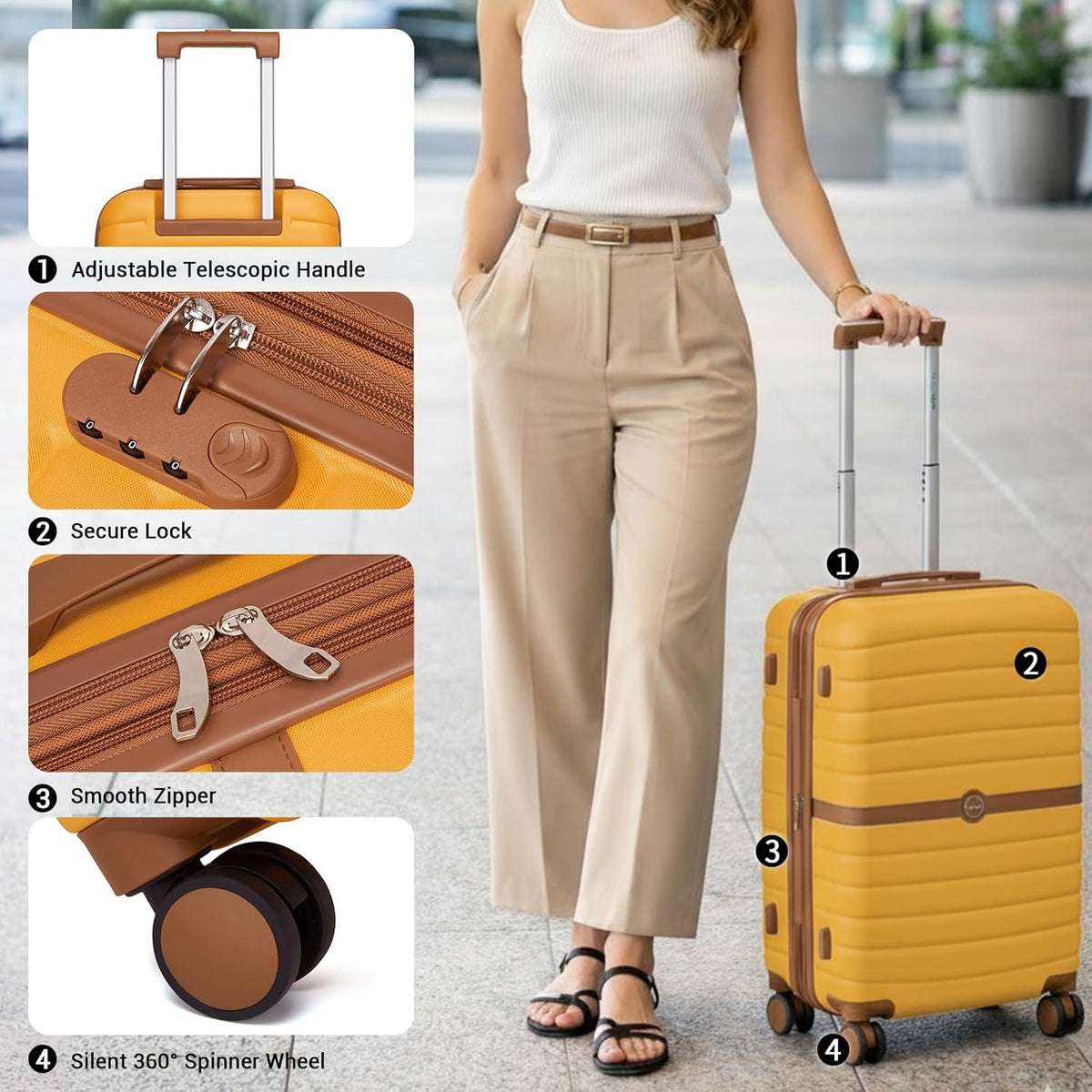 Expandable Carry On Luggage 22x14x9 Airline Approved with Spinner Wheels, 20 Inch Impact-Resistant PC+ABS Hardshell Rolling Suitcase Travel Luggage with Lock, White/Brown