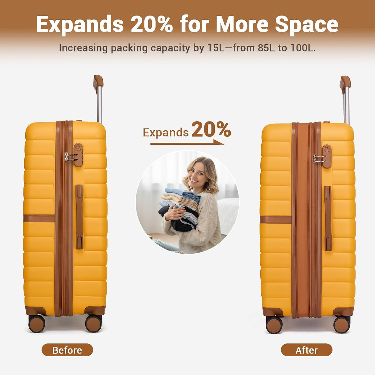 Expandable Carry On Luggage 22x14x9 Airline Approved with Spinner Wheels, 20 Inch Impact-Resistant PC+ABS Hardshell Rolling Suitcase Travel Luggage with Lock, White/Brown