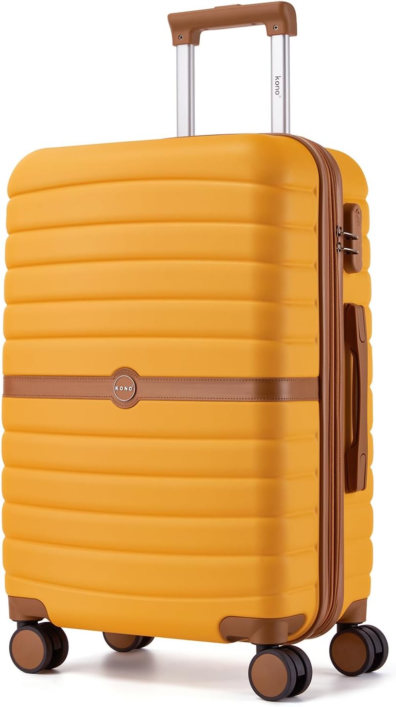 Expandable Carry On Luggage 22x14x9 Airline Approved with Spinner Wheels, 20 Inch Impact-Resistant PC+ABS Hardshell Rolling Suitcase Travel Luggage with Lock, White/Brown