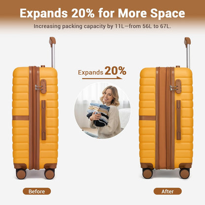 Expandable Carry On Luggage 22x14x9 Airline Approved with Spinner Wheels, 20 Inch Impact-Resistant PC+ABS Hardshell Rolling Suitcase Travel Luggage with Lock, White/Brown