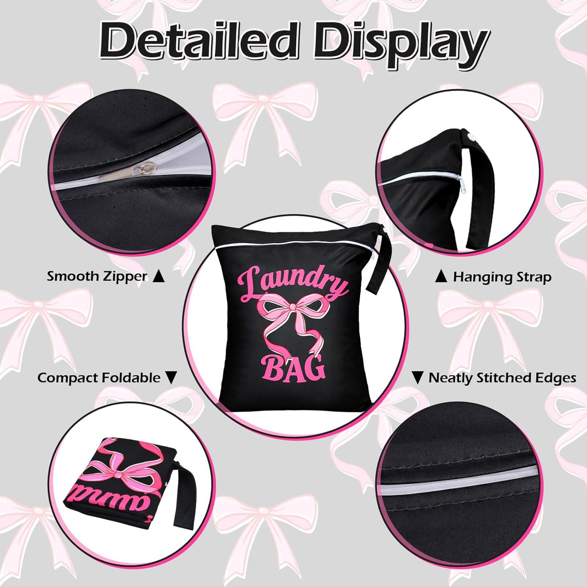 2 Pcs Large Travel Laundry Bags Waterproof Wet Dry Bag, Washable Dirty Clothes Bags for Travel，Drawstring, Bathing Suit, Workout, Gym Clothes Laundry, Swimming Pool & College Dorm, Pink Bow