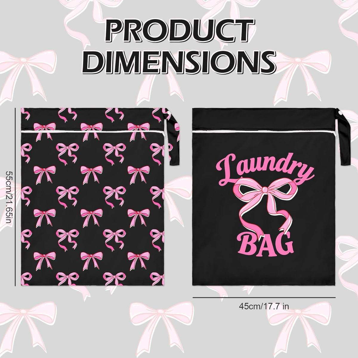 2 Pcs Large Travel Laundry Bags Waterproof Wet Dry Bag, Washable Dirty Clothes Bags for Travel，Drawstring, Bathing Suit, Workout, Gym Clothes Laundry, Swimming Pool & College Dorm, Pink Bow