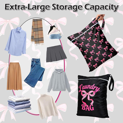 2 Pcs Large Travel Laundry Bags Waterproof Wet Dry Bag, Washable Dirty Clothes Bags for Travel，Drawstring, Bathing Suit, Workout, Gym Clothes Laundry, Swimming Pool & College Dorm, Pink Bow