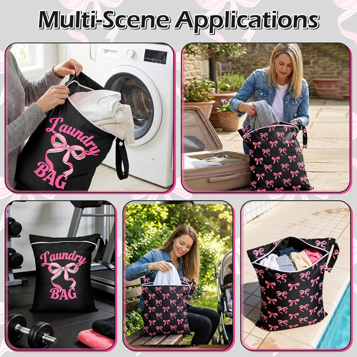 2 Pcs Large Travel Laundry Bags Waterproof Wet Dry Bag, Washable Dirty Clothes Bags for Travel，Drawstring, Bathing Suit, Workout, Gym Clothes Laundry, Swimming Pool & College Dorm, Pink Bow