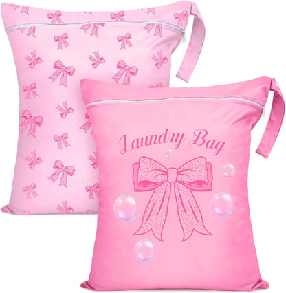 2 Pcs Large Travel Laundry Bags Waterproof Wet Dry Bag, Washable Dirty Clothes Bags for Travel，Drawstring, Bathing Suit, Workout, Gym Clothes Laundry, Swimming Pool & College Dorm, Pink Bow
